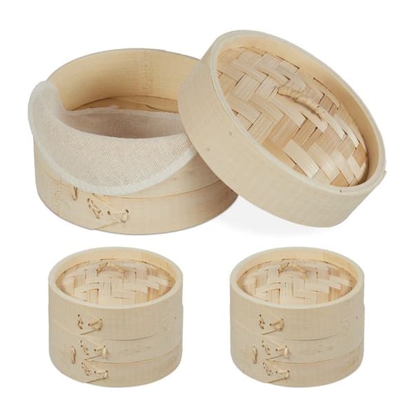 Relaxdays ångkokare i bambu, set om 3, tre asiatiska korgar, 1-3 våningar, ris, bambuångkokare Ø 13,5 cm, natur