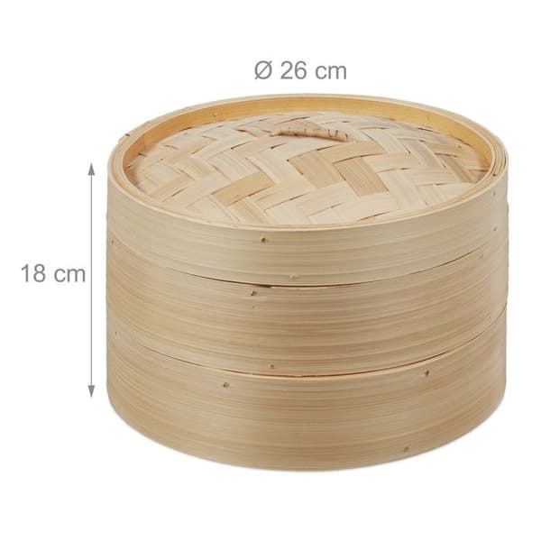 Relaxdays bambudampare, asiatisk korg med 2 lager, för Dim Sum, ris, bambudampare, Ø 26 cm, natur