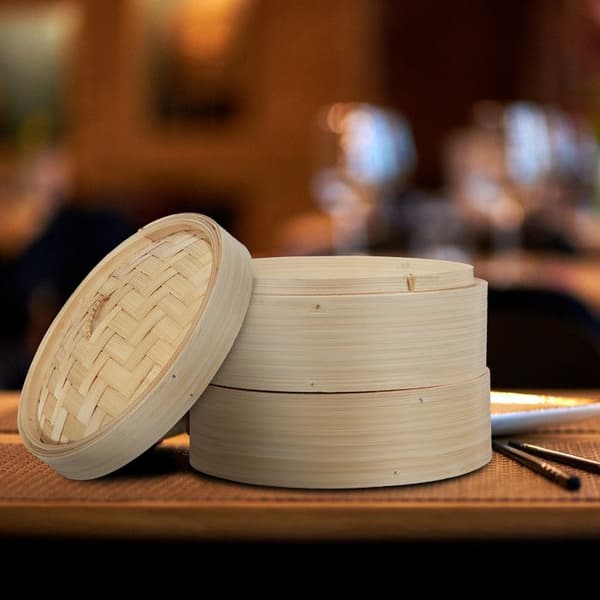 Relaxdays bambudampare, asiatisk korg med 2 lager, för Dim Sum, ris, bambudampare, Ø 26 cm, natur