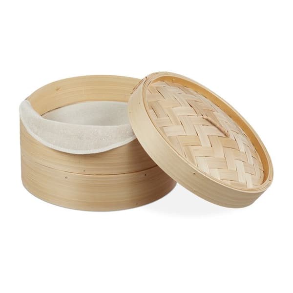Relaxdays bambudampare, asiatisk korg med 2 lager, för Dim Sum, ris, bambudampare, Ø 26 cm, natur