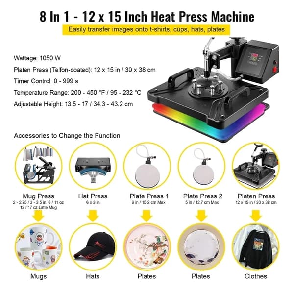 Värmepressmaskin, kombinationsfunktionalitet, sublimeringstryck, 8 i 1 12x15 tum