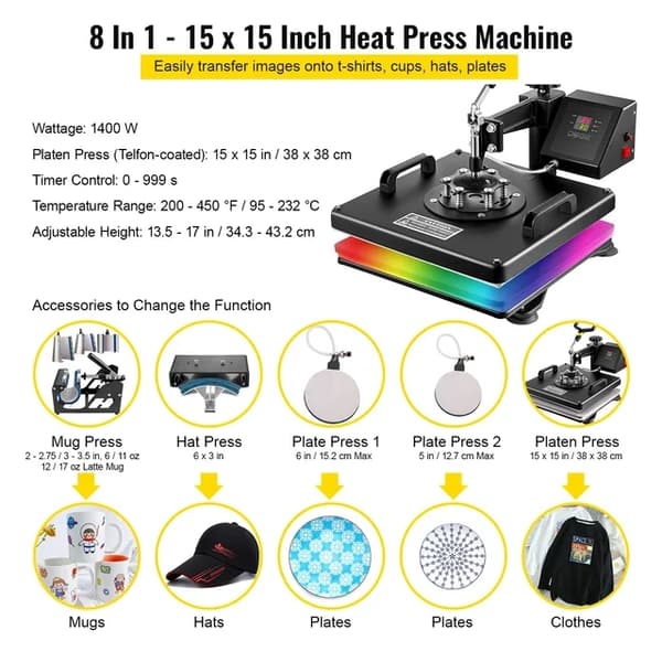 Värmepressmaskin, kombinationsfunktionalitet, sublimeringstryck, 8 i 1 12x15 tum