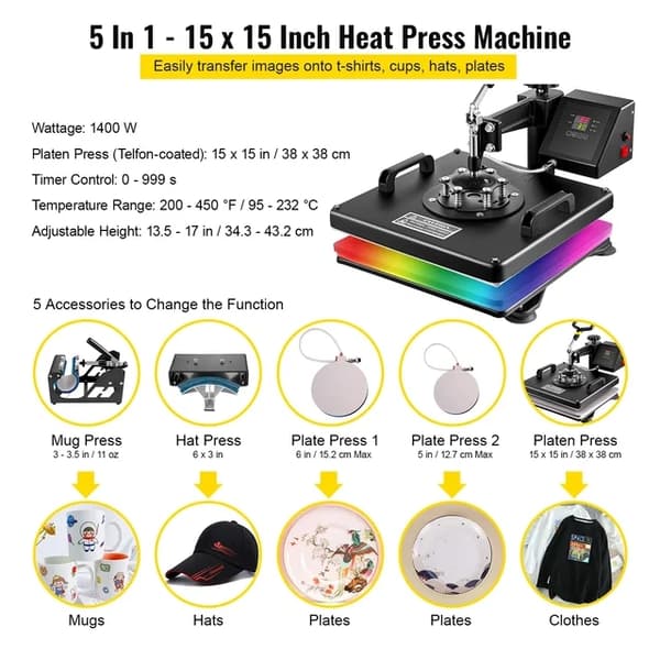 Värmepressmaskin, kombinationsfunktionalitet, sublimeringstryck, 8 i 1 12x15 tum