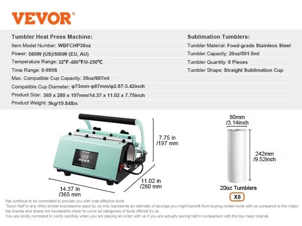VEVOR Tumbler Värmepressmaskin, 580W Effekt, 30oz Kapacitet,ljusgrön
