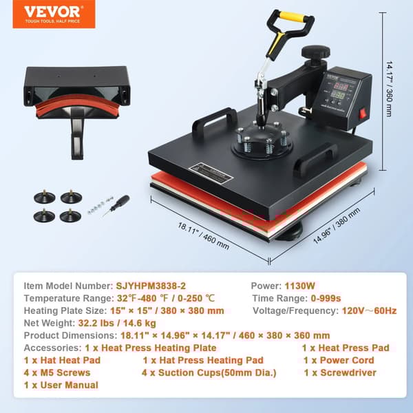VEVOR Varmepressemaskine, 2-i-1 Funktionalitet, 15" x 15" Varmeplade,2I1