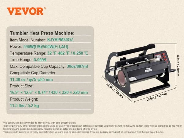 VEVOR Tumbler Värmepressmaskin, 590W Effekt, 30oz Kapacitet,11-30 oz