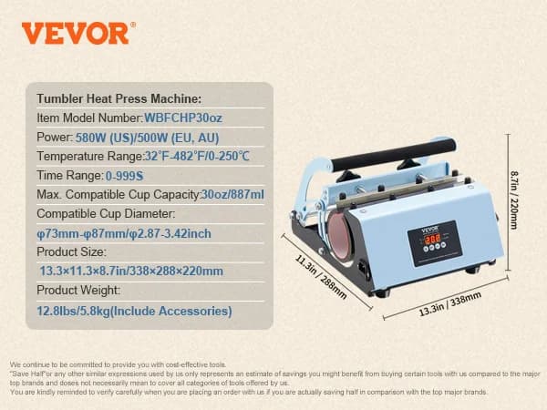 VEVOR Tumbler Varmepressemaskine, 580W Effekt, Temperaturinterval fra 32°F til 482°F,11-30 oz