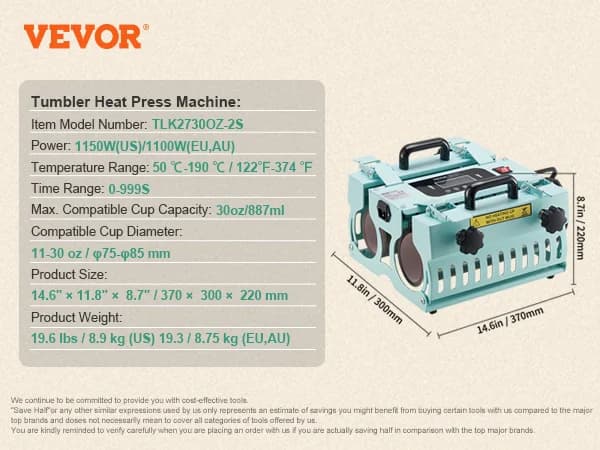 VEVOR Tumbler Varmepressemaskine, 30 oz kapacitet, 1150W effekt,2 Station