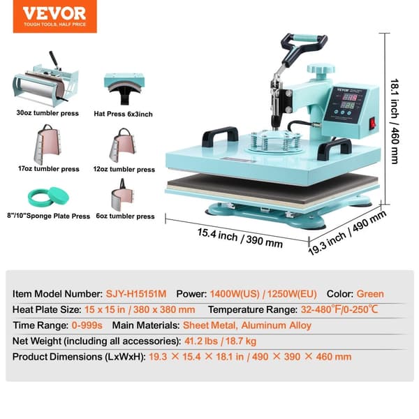 VEVOR Varmepressemaskine, 15x15 tommer plade, digital kontrol,8 i 1