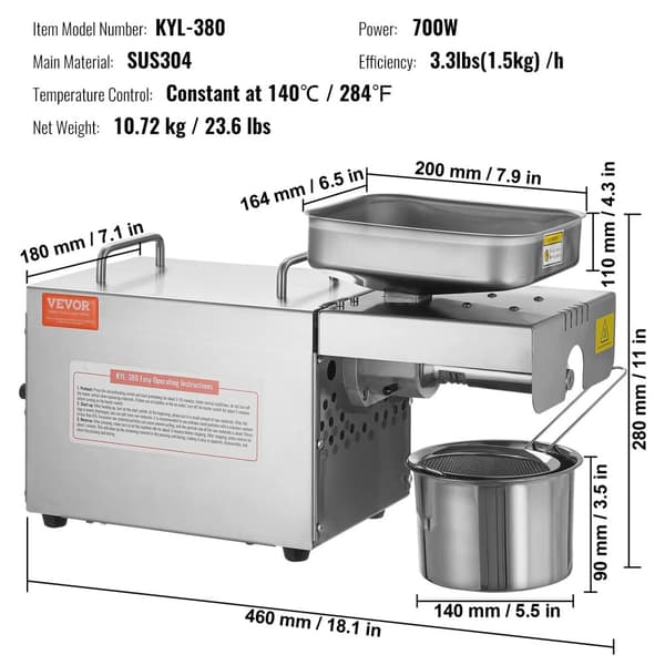 Oliepressemaskine, 700W effekt, design i rustfrit stål,5kv2