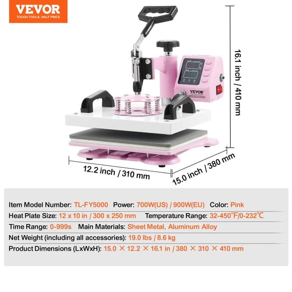 VEVOR Värme Pressmaskin, Hög Effekt 700W, Justerbar Temperatur, Kompakt Design,12x10 tum Enkel