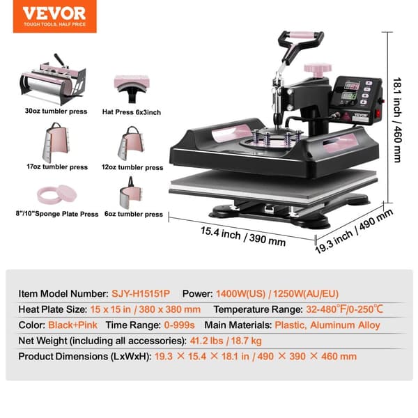 VEVOR Lämpöpuristin, 15x15 tuumaa, 8-in-1 toiminnallisuus, turvallinen Swing-Away -muotoilu,15x15 tuumaa 8 tuumaa 1 B vaaleanpunainen