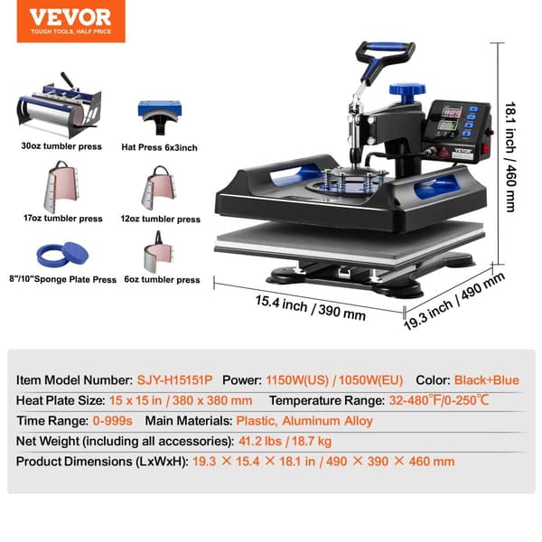 VEVOR Varmepresse Maskine, 15x15 tommer, 8-i-1 Funktionalitet, Sikker Swing-Away Design,15x15 tommer 8i1 B Blå