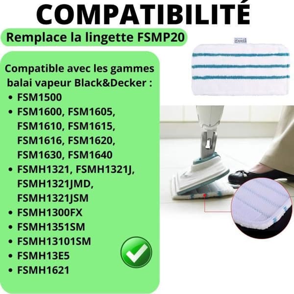 Mikrofiberrektangel för ångmopp Black och Decker FSM1630, FSM1616, FSM1605, FSMH13E5, FSMH1321 FSMP20 [Förpackning 5]