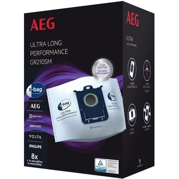 Paket med 8 XXL AEG s-bag® Ultra Long Performance syntetiska dammpåsar med motorfilter och mikrofilter