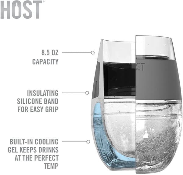 HOST Freeze Cooling Cup, Double Wall Insulated Freezer Chilling Tumbler with Gel, Glasses for Red and White Wine, 8.5 oz (250ml), Set of 2, Grey