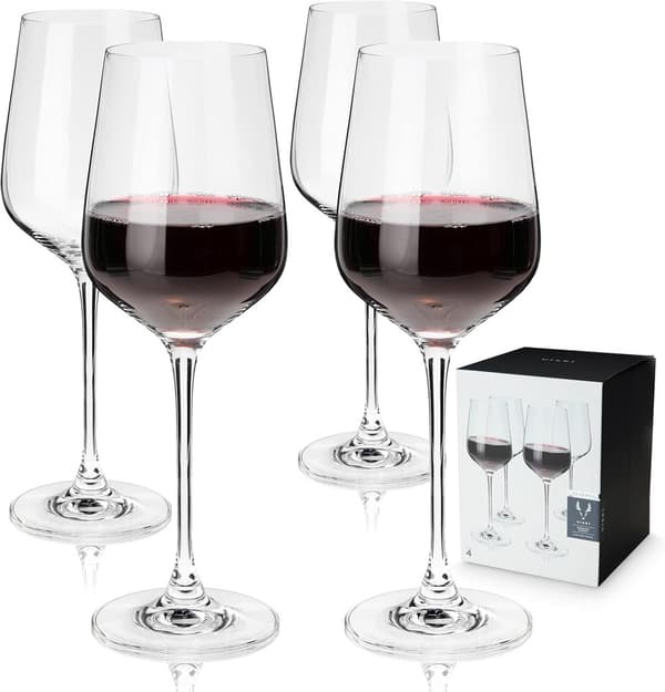 Viski Reserve European Crystal Bordeaux Glasses, Lead-Free Crystal Glasses, European Made Glassware, Stemmed Wine Glass Set, Set of 4, 21 Ounces