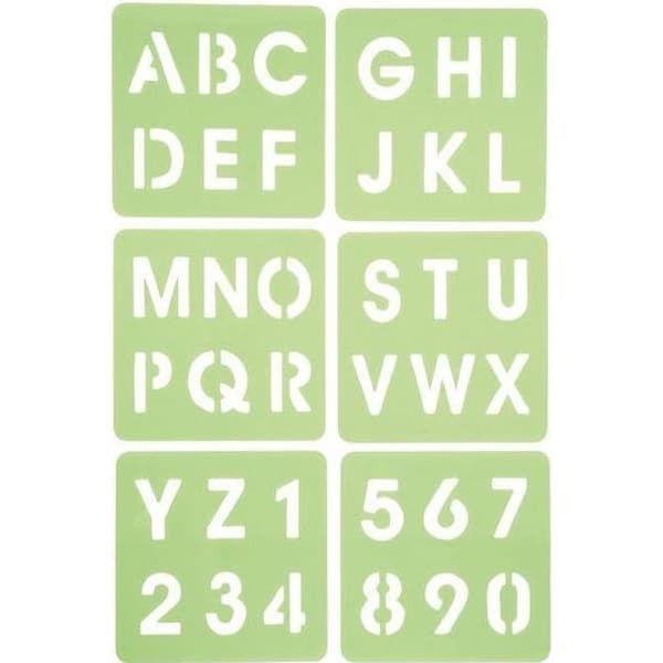 Plaststencil - Paket om 6 - Alfabet och siffror - 14 x 15 cm - För barn