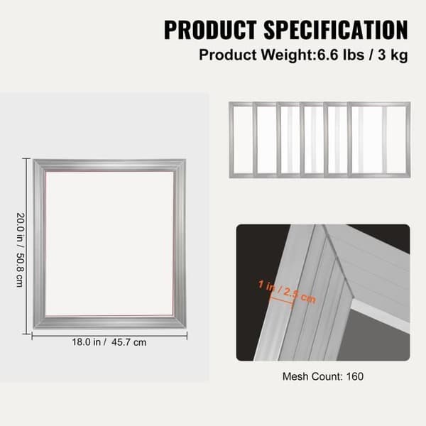 Set med 6 screentrycksramar - VEVOR - Aluminium screentryckssats 45,7x50,8 cm Mesh 160
