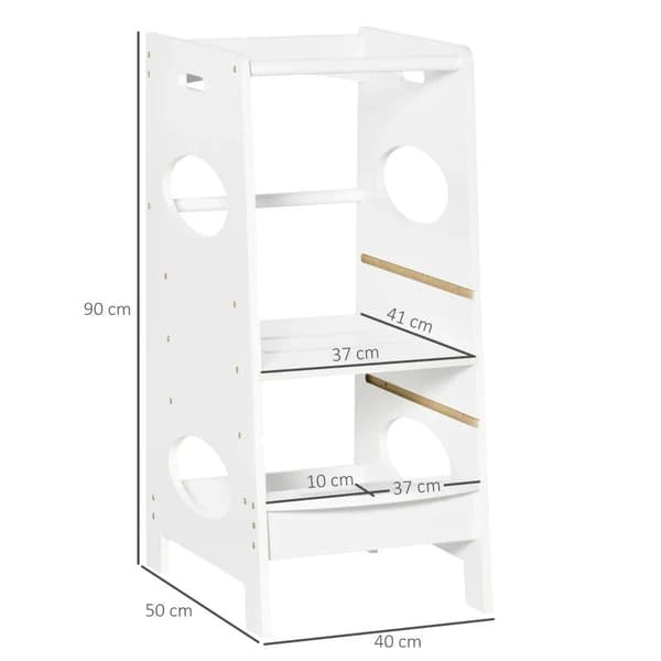 Rootz Kids Step Pall - Kids Learning Tower - Step Pall - Pall Stående - Vit - 40 x 50 x 90 cm