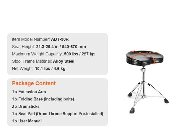 Drumstol, Justerbar Højde 540-670mm, Høj Vægtkapacitet 227kg,540-670mm 227kg
