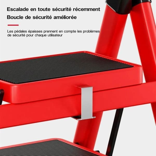 Sju Komfort-Stege 4 steg-Fällbar med Antislip Pedal-150KG Stabil Stege i Stål-Röd