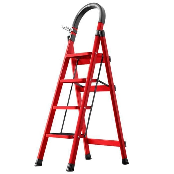 Sju Komfort-Stege 4 steg-Fällbar med Antislip Pedal-150KG Stabil Stege i Stål-Röd
