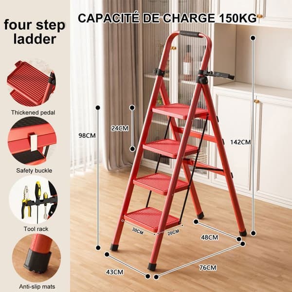 Sju Komfort-Stege 4 steg-Fällbar med Antislip Pedal-150KG Stabil Stege i Stål-Röd