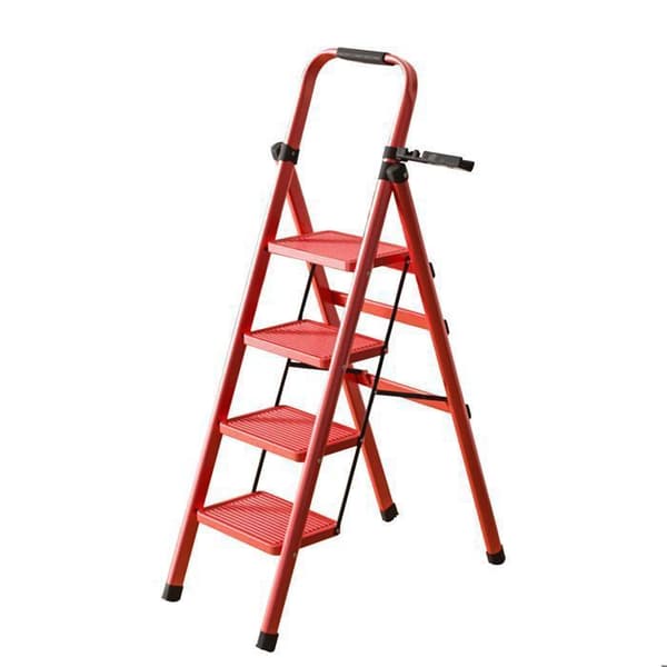 Sju Komfort-Stege 4 steg-Fällbar med Antislip Pedal-150KG Stabil Stege i Stål-Röd