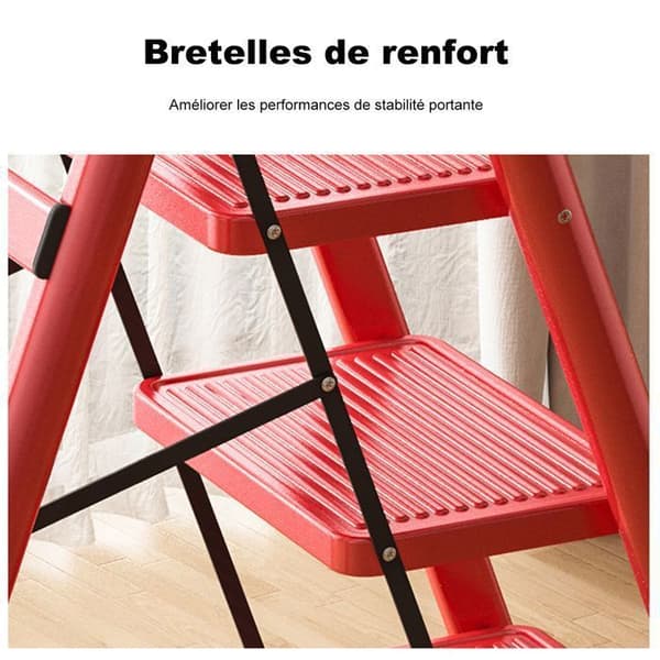 Sju Comfort-Escabeau 4 steg-Fällbar med Antislip Pedal-150KG belastning-i Stål-Röd