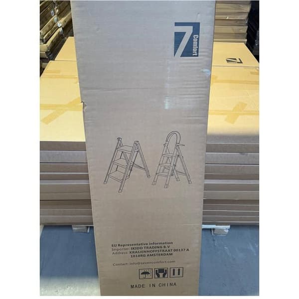 Sju Comfort-Escabeau 3 steg - Fällbar med Antislips Pedal - 150KG Stabil Stål Stege - Svart