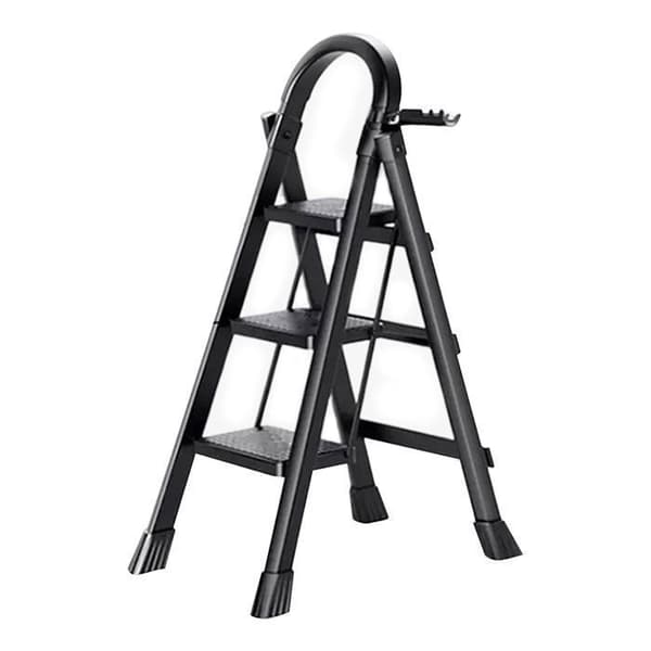 Sju Comfort-Escabeau 3 steg - Fällbar med Antislips Pedal - 150KG Stabil Stål Stege - Svart
