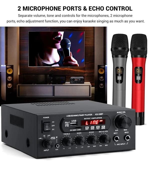 Bluetooth 5,0 stereoforstærkeren 60 + 60W RMS forstærker 2 mikrofonindgang digital audio karaoke