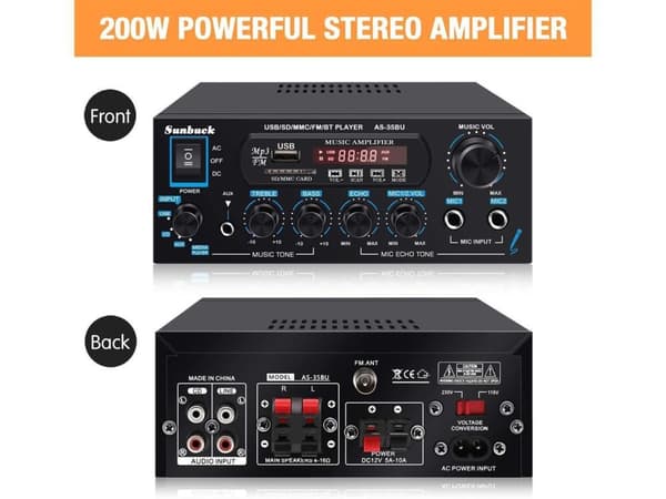 Bluetooth 5,0 stereoforstærkeren 60 + 60W RMS forstærker 2 mikrofonindgang digital audio karaoke