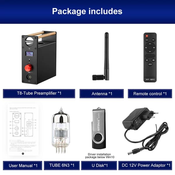 Rörförstärkare, Bluetooth-anslutning, USB DAC-stöd, Med 12V EU-kontakt