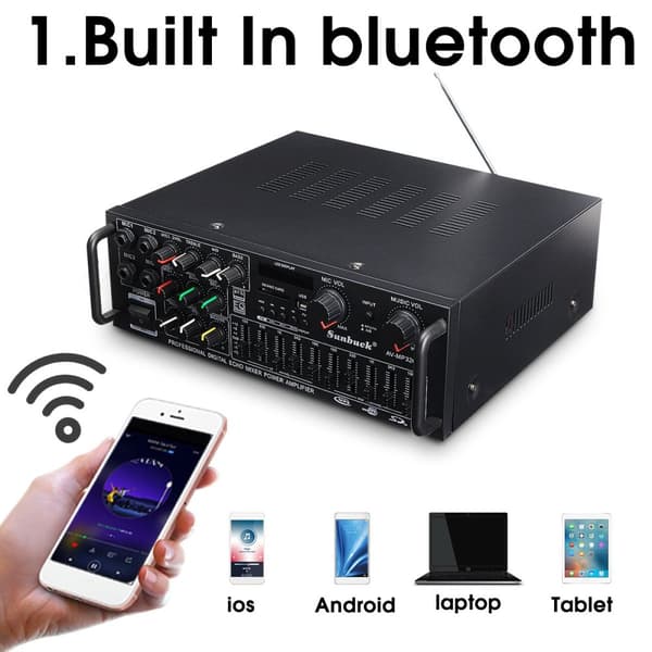 Bluetooth Stereo Förstärkare, 2000W Peak Power, 4-vägs Mikrofoningång