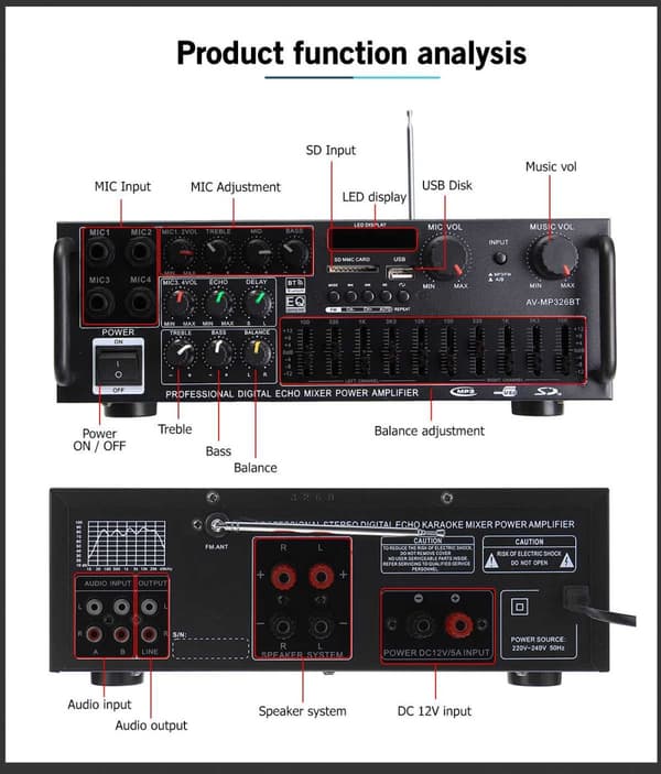 Förstärkare, 2000W Effektutgång, Bluetooth-anslutning