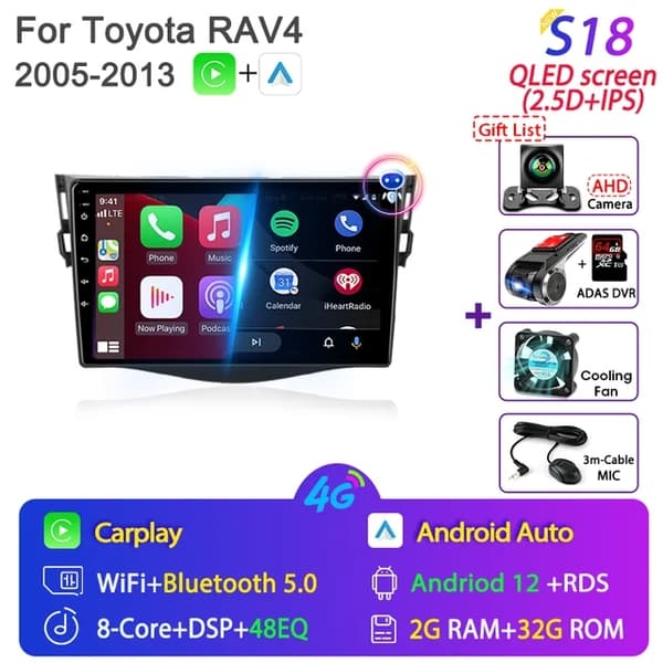 Autosoitin, Android 12, Carplay-integrointi, GPS-navigointi, T10-1 Kamera-64G DVR