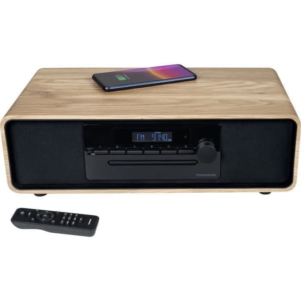 Bluetooth mikrosystem - THOMSON - Svart - FM/CD/MP3/USB/Induktionsradio, 60W, Equalizer, Fjärrkontroll, Strömförsörjning. 230V Sort, Træ