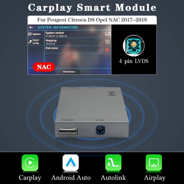 Trådløs CarPlay Decoder Box, Kompatibel med Peugeot Citroen DS Opel, Bluetooth-aktiveret,Til NAC