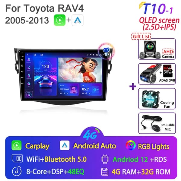 Bilradio, Android 12, Carplay integration, GPS-navigation, T10-1 Kamera-64G DVR