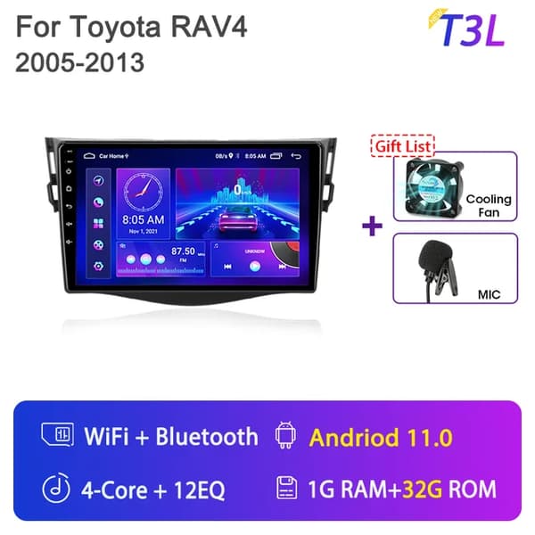 Bilradio, Android 12, Carplay integration, GPS-navigation, T3L-MIC-Fan