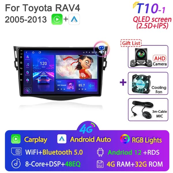 Bilradio, Android 12, Carplay-integration, GPS-navigation, T10-1 Fläkt-Kamera