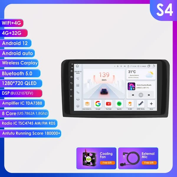 Android Bil Stereo, GPS Navigation, WiFi Forbindelse, S4-4G 32G-8cores-4G