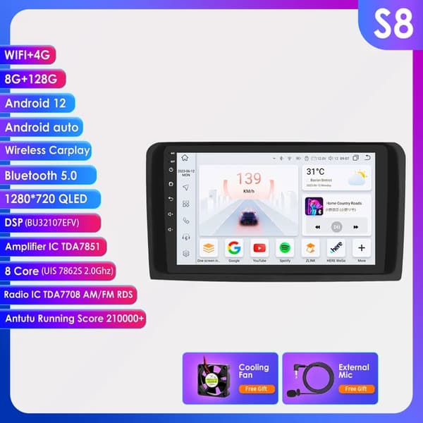 Android Bil Stereo, GPS Navigation, WiFi Forbindelse, S8-8G 128G-8cores-4G