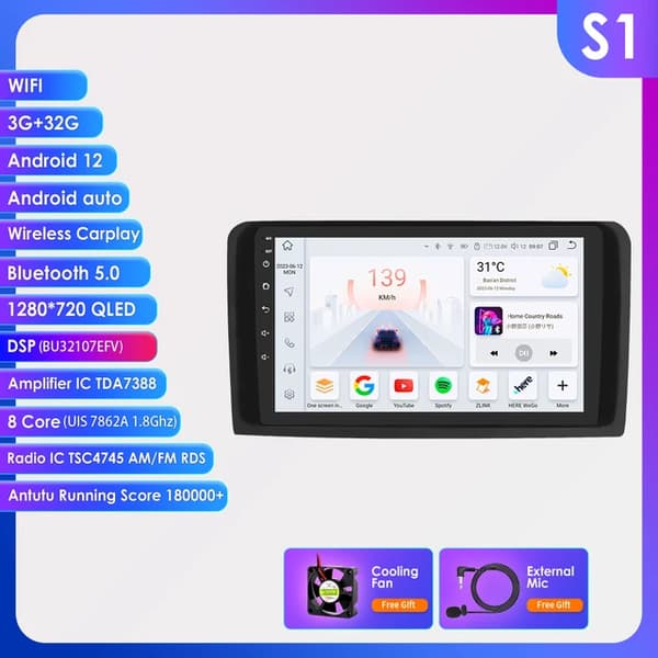 Android Bil Stereo, GPS Navigation, WiFi Forbindelse, S1-3G 32G-8 kerner