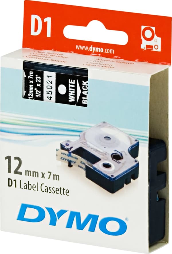D1, marking tape, 12mm, white text on black tape, 7m - 45021