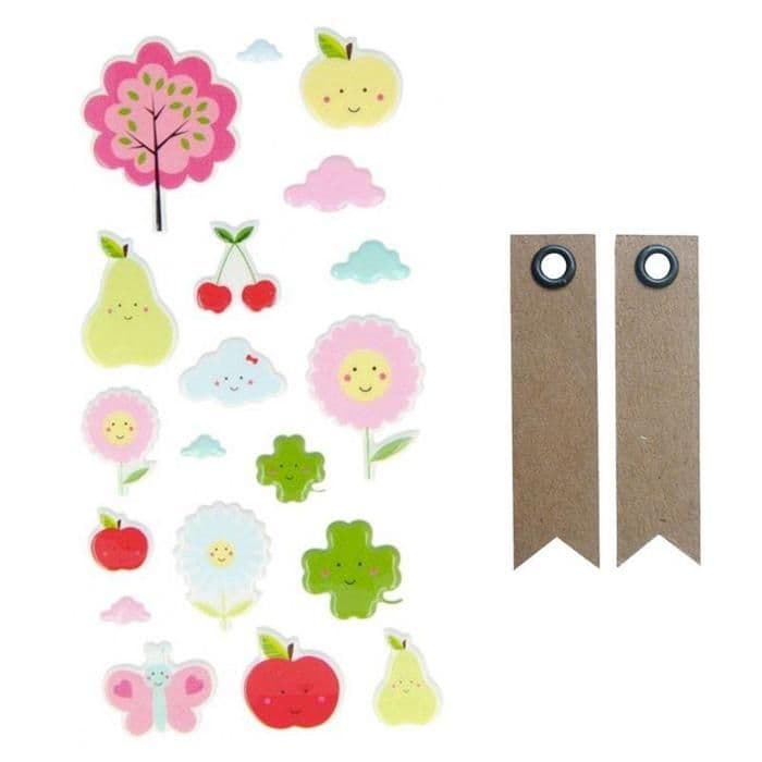 Förtjusande Fruit Puffies-klistermärken + 20 vimpel Kraft-etiketter