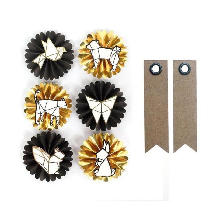 6 3D origami djurklistermärken + 20 kraftetiketter med vimpel