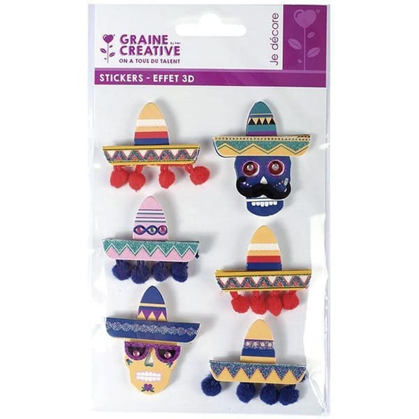 6 3D-klistermärken - Mexikanska hattar Sombreros 5,5 cm